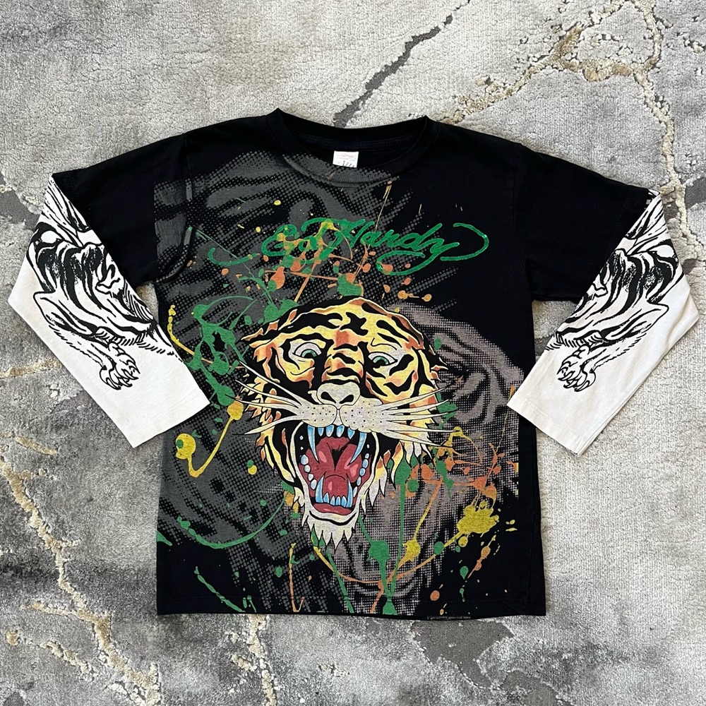 Rare vintage Ed Hardy kids y2k tattoo 3/4 long sleeve tiger black tee 🐯